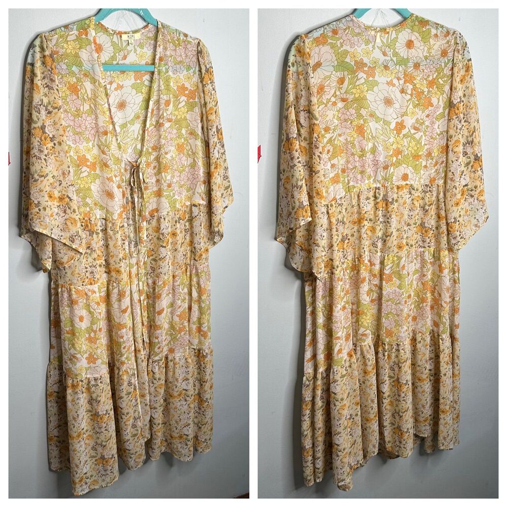 Kori America Maxi Length Tiered Kimono Mixed Yellow Floral Size Large